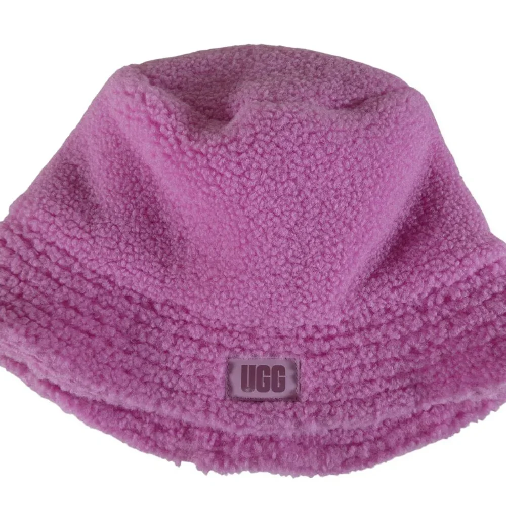 UGG‎ Pink Sherpa Bucket Hat One Size Faux Fur Logo Bucket Cap - Picture 3 of 7